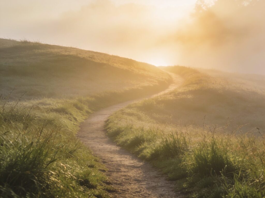 Weg durch goldenen Morgennebel - Sinnbild für den Trauerweg